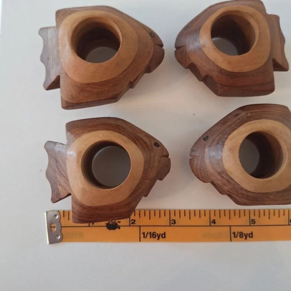 Wooden Fish Napkin Rings India Carved Eyes Faces Nautical Sea Beach Shore Island